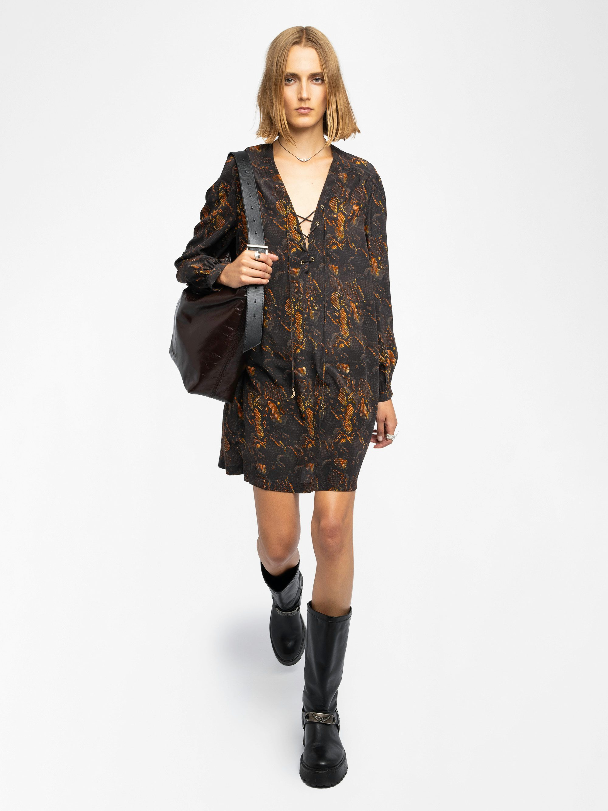 Ramela Dress 100% Silk - Short dress in printed silk, long balloon sleeves, deep neckline with lace-up.